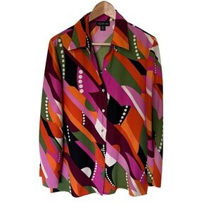 AUGUST MAX Womens Geometric Print Silk Button Down Shirt Top Size 2